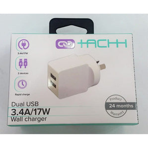 Refurbished Apple Tachh Dual USB AC Wall Charger White 3.4A/17W By OzMobiles Australia